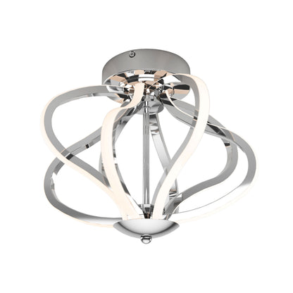 The Artika Meridian LED flush mount light features curved metallic arms and a sleek chrome finish, radiating from a central mount for a stylish, contemporary ceiling design.