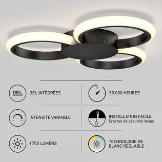 Artika Nyala 15 in. LED flush mount light 5CCT features integrated LEDs, adjustable white technology, dimmable design, 1750 lumens brightness, easy installation, and a 50,000-hour lifespan.
