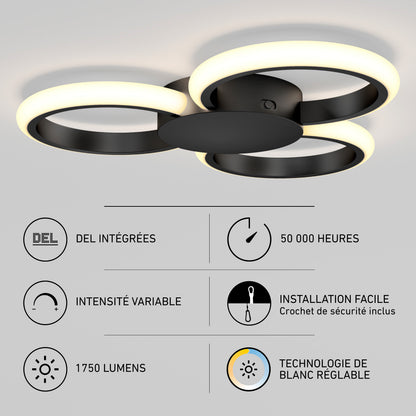 Artika Nyala 15 in. LED flush mount light 5CCT features integrated LEDs, adjustable white technology, dimmable design, 1750 lumens brightness, easy installation, and a 50,000-hour lifespan.