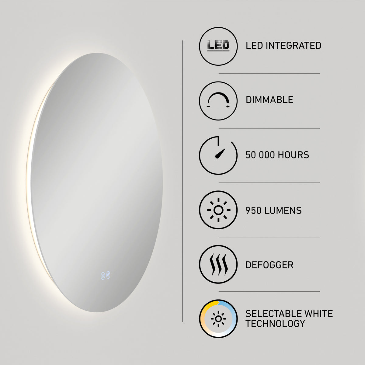 Round backlit mirror on a wall with touch controls, displaying features: LED integrated, dimmable, 50,000 hours lifespan, 950 lumens brightness, defogger, and selectable white technology.