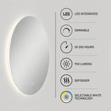 Round backlit mirror on a wall with touch controls, displaying features: LED integrated, dimmable, 50,000 hours lifespan, 950 lumens brightness, defogger, and selectable white technology.