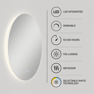 On the left is the Artika Raya 24 in. LED mirror 3 CCT with defogger; on the right, icons highlight its integrated LEDs, dimmable feature, 50,000-hour life, 950 lumens, defogger, and selectable white technology.