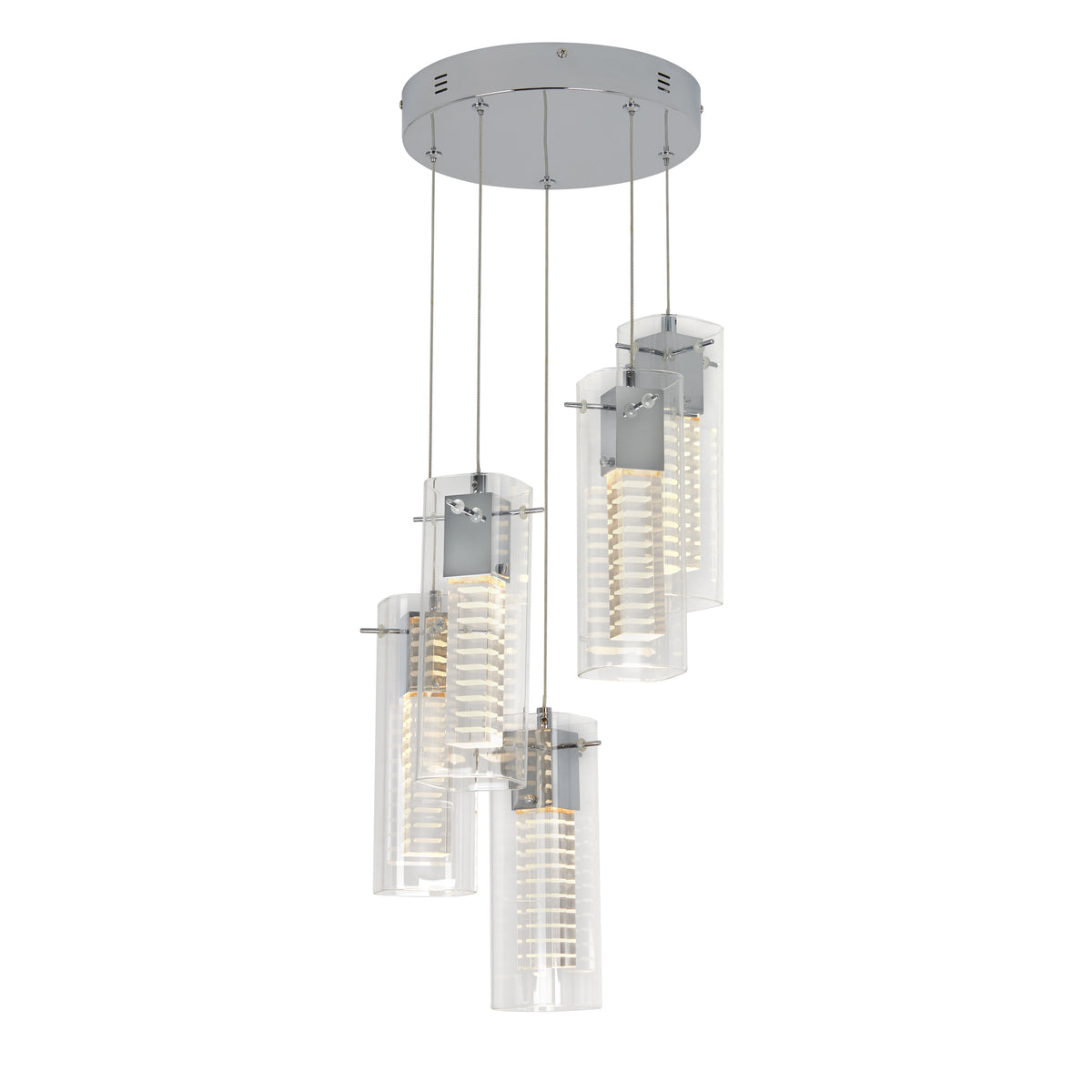 A modern ceiling pendant light fixture with four cylindrical glass shades, each hanging at different lengths from a circular chrome base, featuring visible LED elements inside each shade.