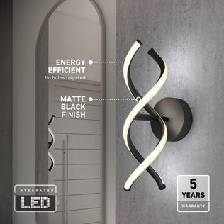 Spiral-shaped 800-lumen matte black DNA modern LED wall sconce 3 CCT with energy-efficient integrated design and a 5-year warranty.