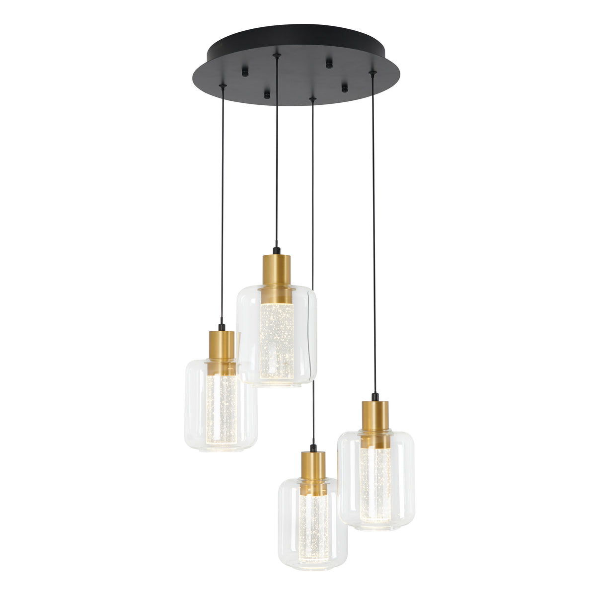 The Artika Champagne Globe 4-light LED pendant features four hanging glass globes with gold accents, suspended at different heights from a round black ceiling mount.
