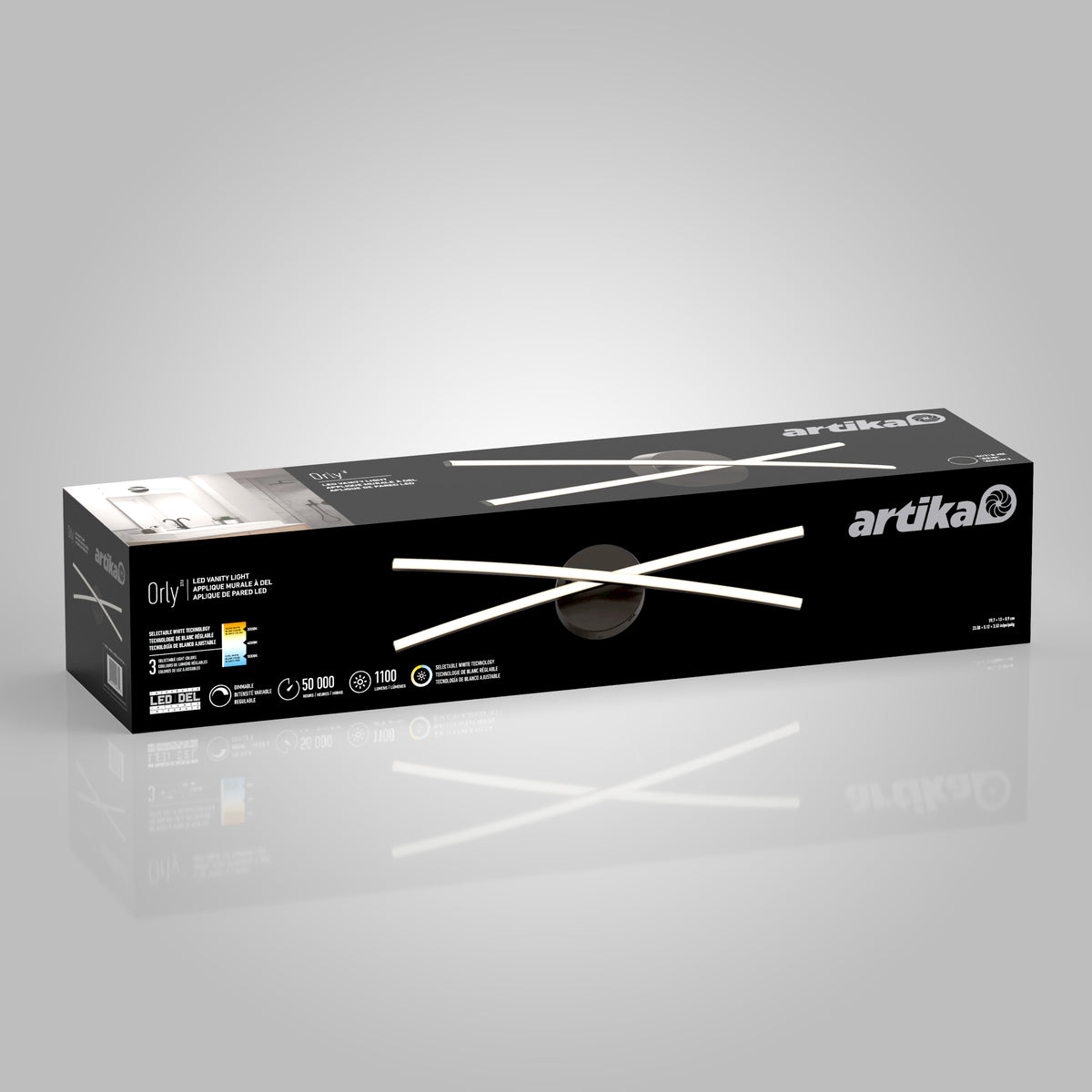 A rectangular black box packaging for an Artika Orly II LED light fixture, showing crossed white light bars and product information including brightness, lifetime, and energy details on the front.