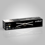 A rectangular black box packaging for an Artika Orly II LED light fixture, showing crossed white light bars and product information including brightness, lifetime, and energy details on the front.