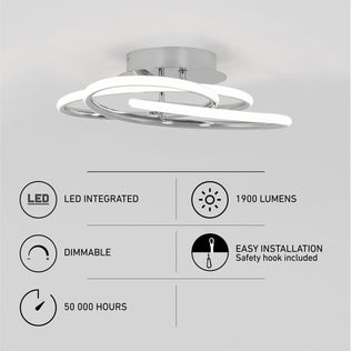 Artika’s Swirl Butterfly LED contemporary flush mount light features a modern circular design in silver, 1900 lumens, dimmable LED, 50,000-hour lifespan, and easy installation with a safety hook.
