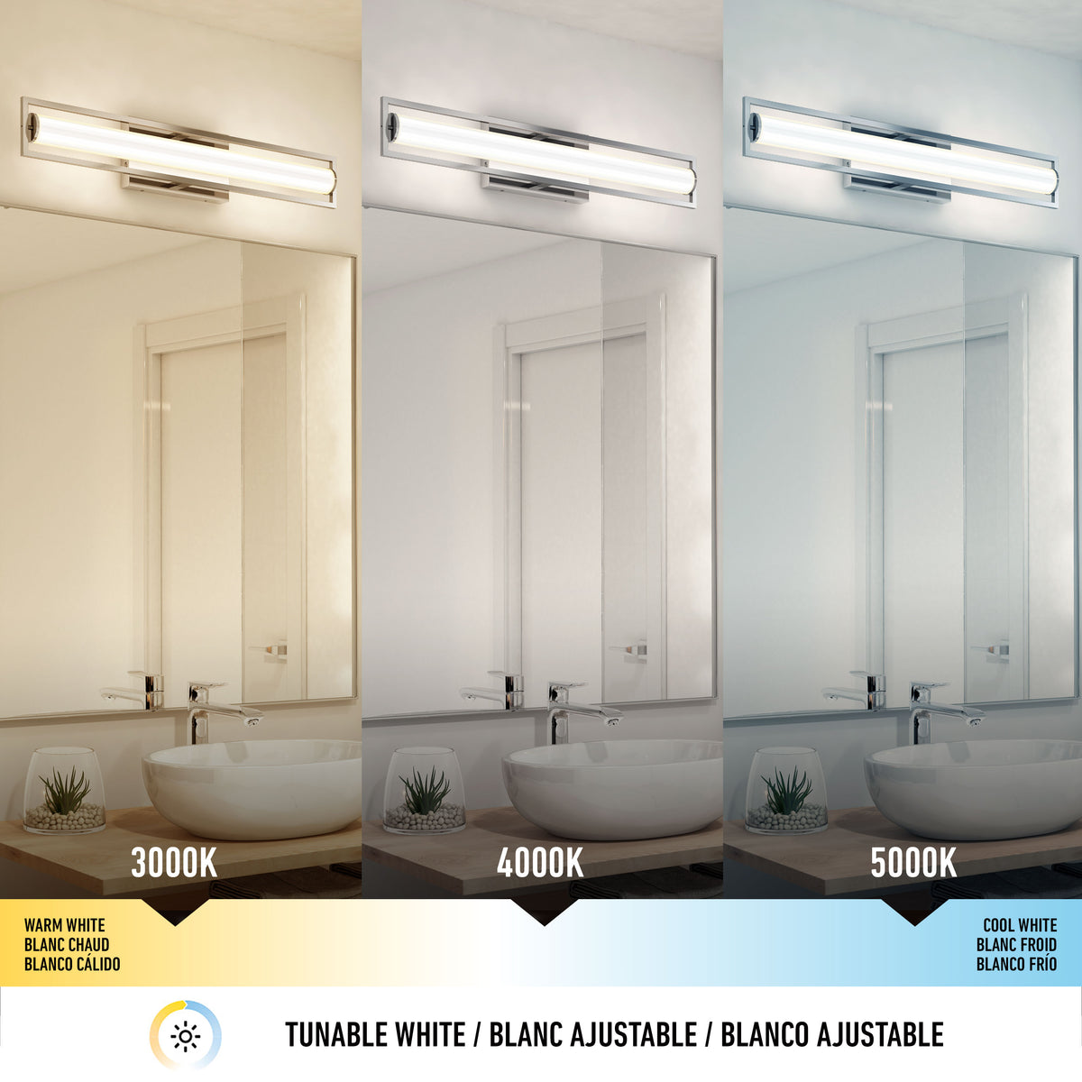 Comparison of a bathroom mirror under three light temperatures: warm white (3000K), neutral white (4000K), and cool white (5000K). Each lighting changes the wall and sink appearance. Labels below show color temperatures.