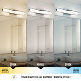 Comparison of a bathroom mirror under three light temperatures: warm white (3000K), neutral white (4000K), and cool white (5000K). Each lighting changes the wall and sink appearance. Labels below show color temperatures.