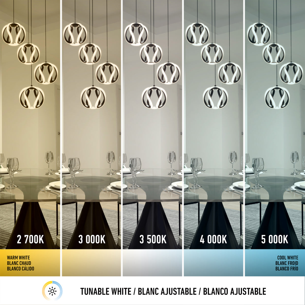 Five side-by-side images show the Artika Vivaldi modern LED 4-light pendant with each light at a different color temperature (2,700K–5,000K), demonstrating how its 5 CCT settings create varied dining room atmospheres.