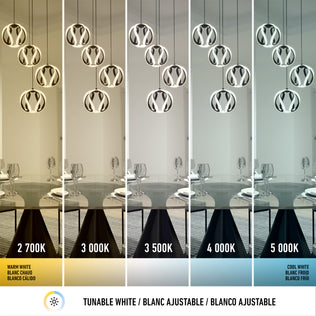 Five side-by-side images show the Artika Vivaldi modern LED 4-light pendant with each light at a different color temperature (2,700K–5,000K), demonstrating how its 5 CCT settings create varied dining room atmospheres.