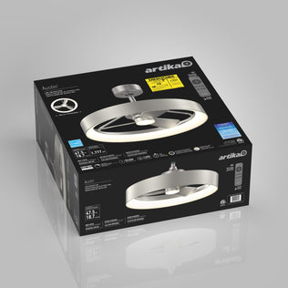 A black Artika Austin 23 in. LED modern ceiling fan box on a light gray background displays product images, features like a quiet motor and remote control, plus specs including a ring-shaped LED light and silver blades.
