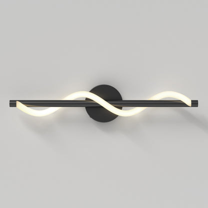 The Artika Neon modern LED bathroom vanity light 5 CCT features a black circular base, black horizontal bar, and a glowing white LED strip that twists in a wave pattern, creating a stylish accent against light-colored walls.