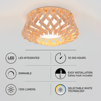 The Artika Kiran 13 in. modern LED flush mount light features a woven wooden shade, 1000 lumens, selectable white (5 CCT), dimmable LED with 50,000-hour lifespan, and easy installation.