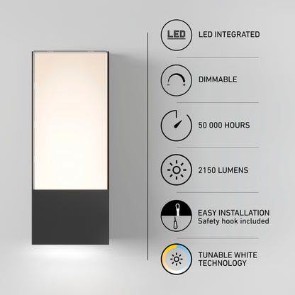 Dixon indoor-outdoor LED wall light: rectangular, dimmable, 50,000-hour life, 2150 lumens, easy installation, and tunable white.