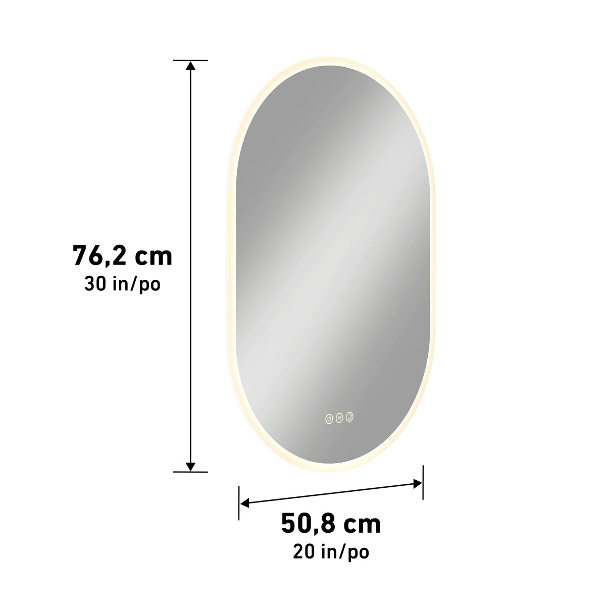 Artika Clara LED Mirror Oval 30x20 in. (76x51 cm) with touch controls, defogger, and measurement lines displayed.