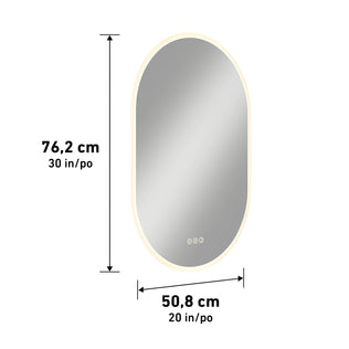 Artika Clara LED Mirror Oval 30x20 in. (76x51 cm) with touch controls, defogger, and measurement lines displayed.
