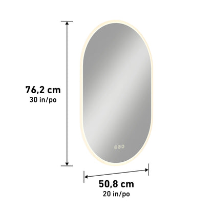Artika Clara LED Mirror Oval 30x20 in. (76x51 cm) with touch controls, defogger, and measurement lines displayed.