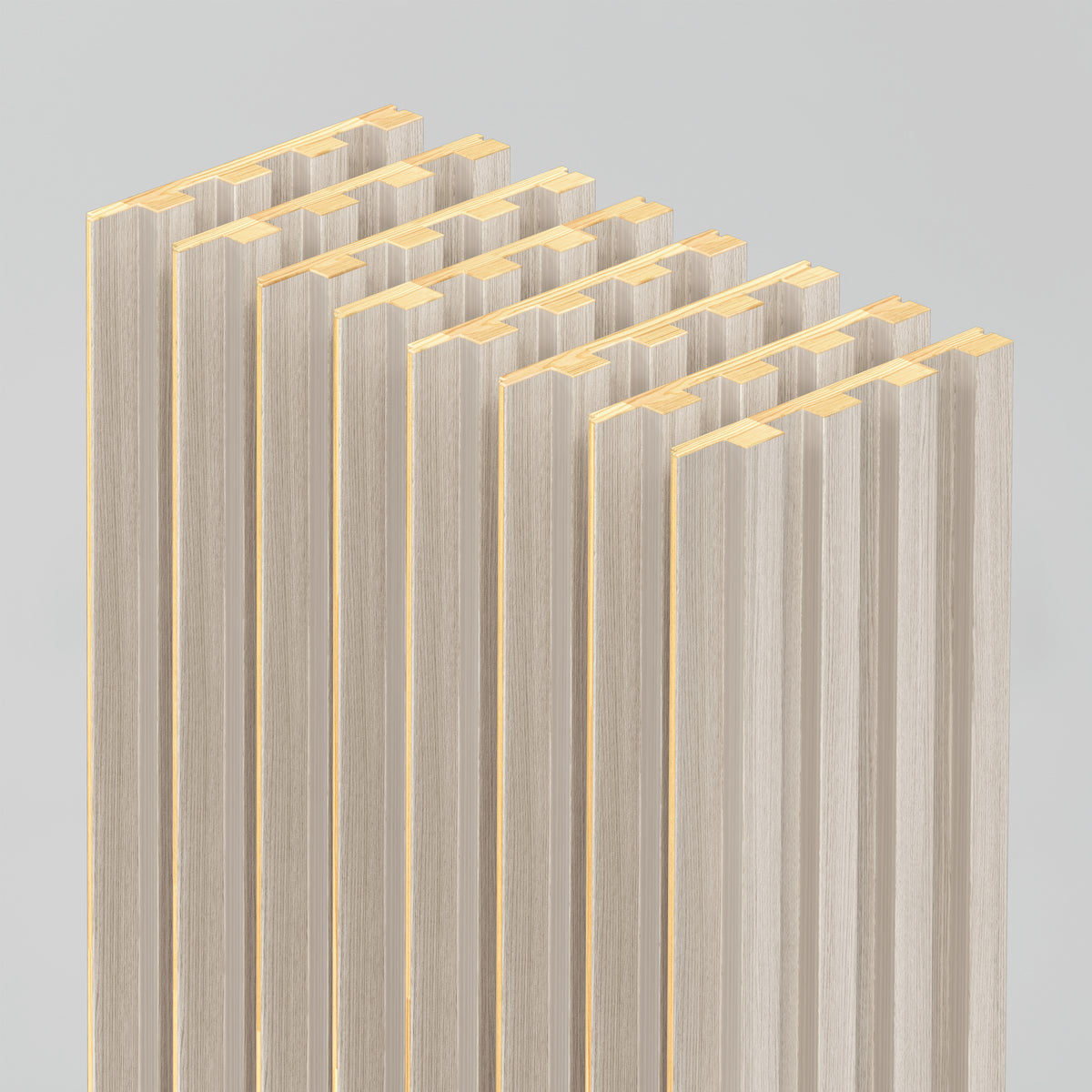 The Artika Panolok 30.67 ft wall panel kit (pack of 8) features several vertical, light-colored wooden panels with evenly spaced gaps, arranged in parallel rows against a plain light gray background.