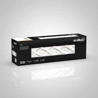 A black Artika box displays the DNA modern LED bathroom vanity light with a wavy design on a gray background.