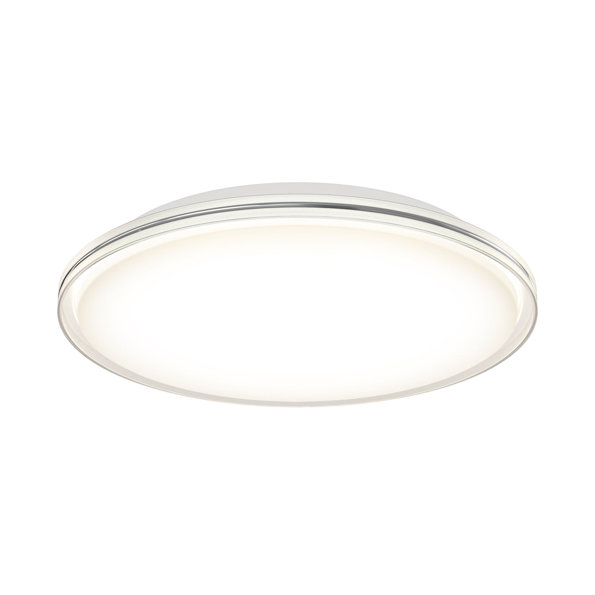 A modern, round, flush-mount ceiling light fixture with a white diffuser and metallic edge, illuminated and photographed against a white background.