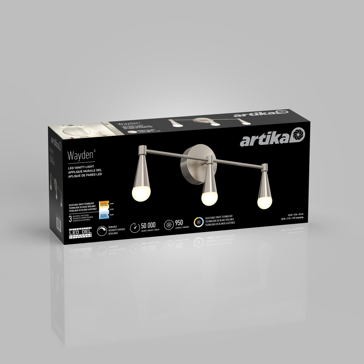 Black and silver box for Artika Wayden LED mid-century bathroom vanity light 3 CCT, shows 3-light fixture on packaging.