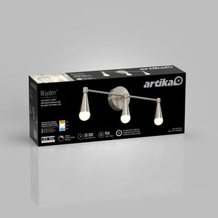 Black and silver box for Artika Wayden LED mid-century bathroom vanity light 3 CCT, shows 3-light fixture on packaging.