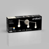 A black and gray box of Artika’s Wayden LED vanity light is shown, featuring an image of the three-light fixture on the packaging along with product details, logos, and icons for lifespan and brightness.