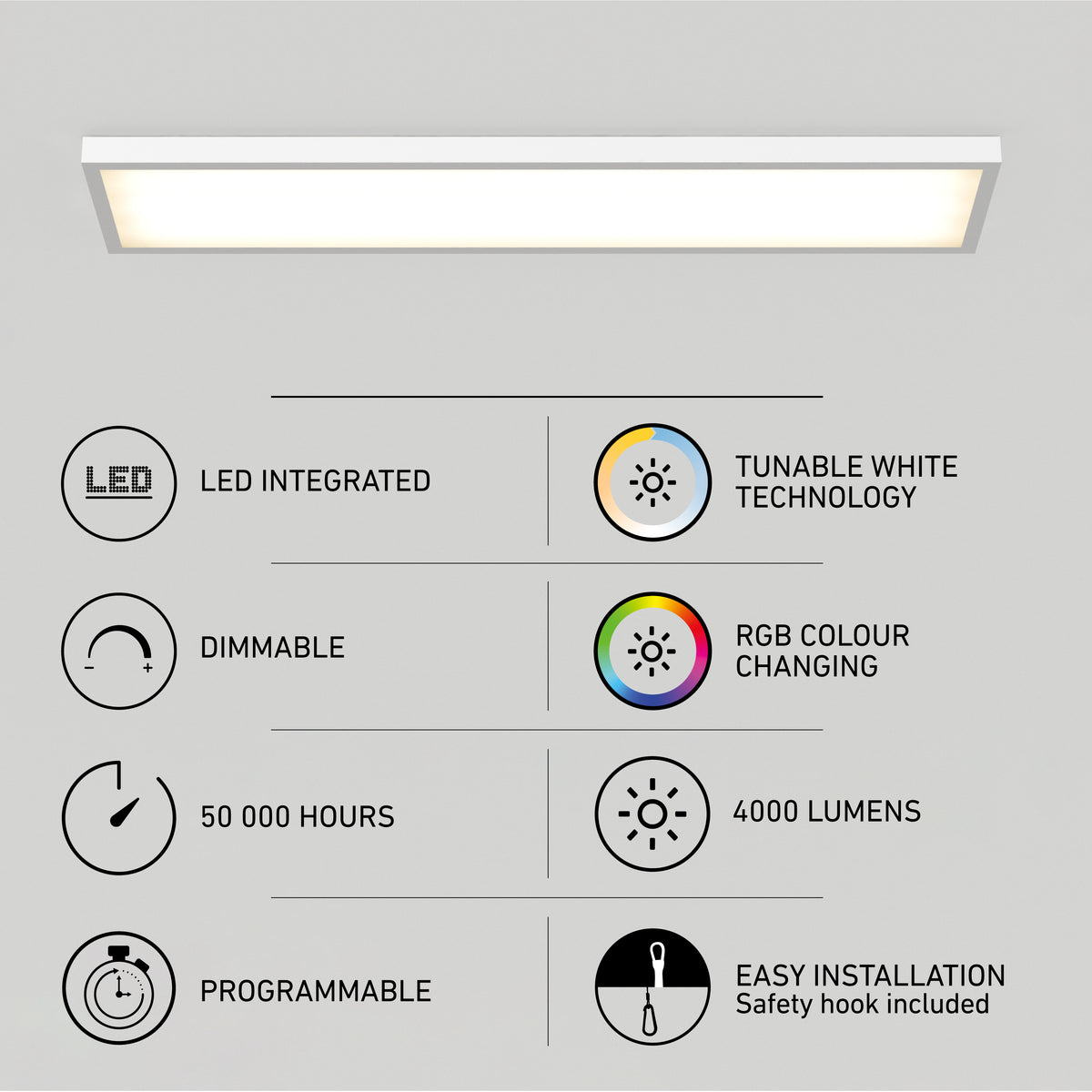 A rectangular ceiling light is above icons and features: LED integrated, dimmable, 50,000 hours, programmable, tunable white technology, RGB color changing, 4,000 lumens, and easy installation with safety hook.