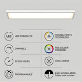 A rectangular ceiling light is above icons and features: LED integrated, dimmable, 50,000 hours, programmable, tunable white technology, RGB color changing, 4,000 lumens, and easy installation with safety hook.