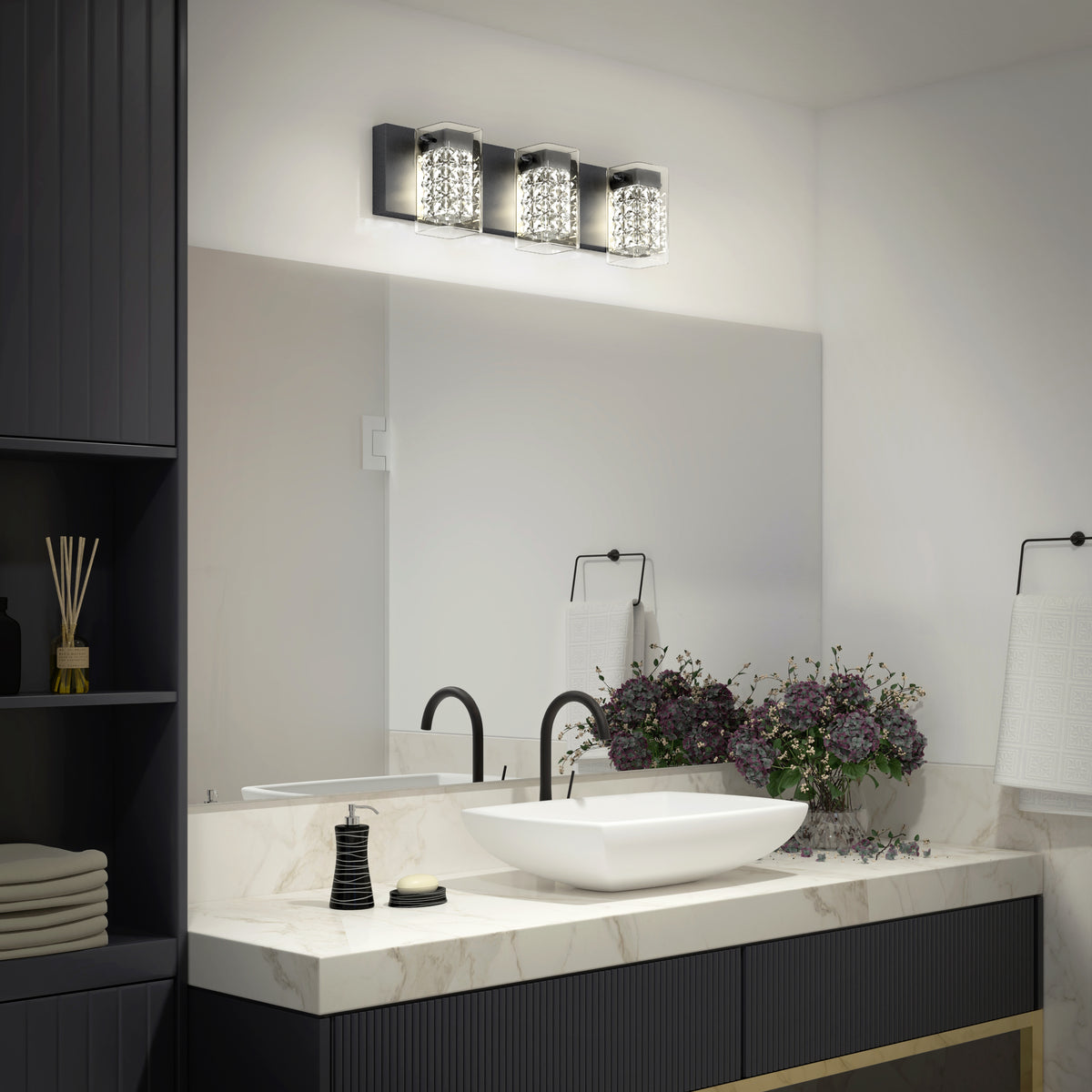 Crystal Cube 21 pulg (53 cm) luminario de vanidad de 3 luces LED moderno 5 TCL para baño