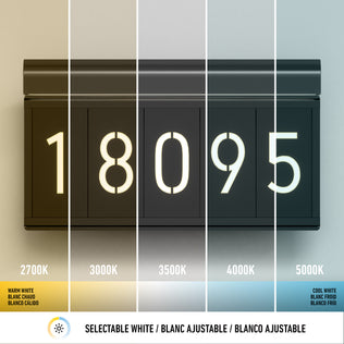 The Artika Bowen modern LED outdoor address wall light 5 CCT displays house numbers illuminated at five color temperatures, from warm white (2700K) to cool white (5000K), showing each option for customizable curb appeal.