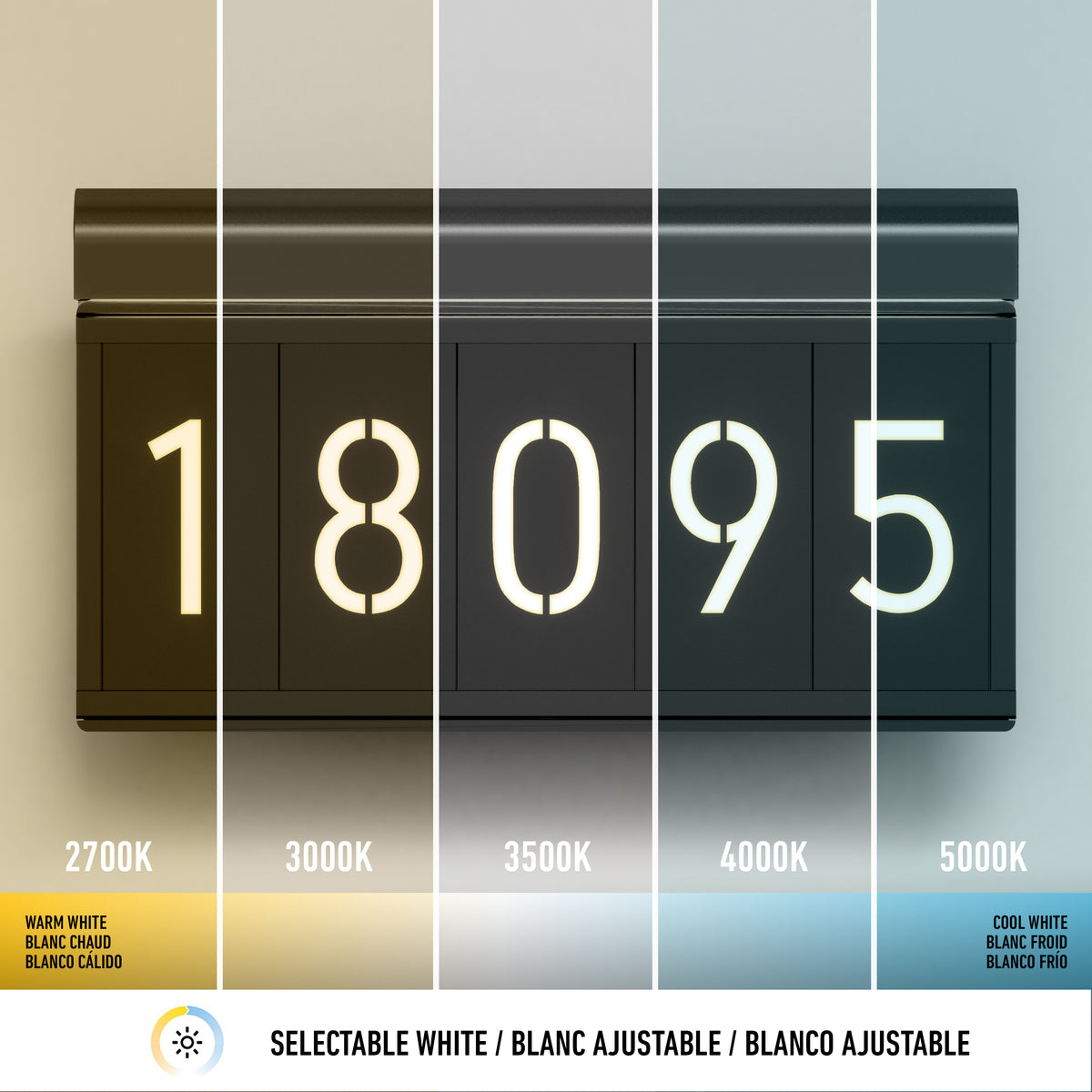 A house number sign displaying 18095 is shown under five different lighting temperatures, ranging from warm white (2700K) to cool white (5000K). Labels and color temperature values appear below each section.
