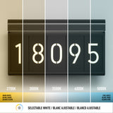 A house number sign displaying 18095 is shown under five different lighting temperatures, ranging from warm white (2700K) to cool white (5000K). Labels and color temperature values appear below each section.