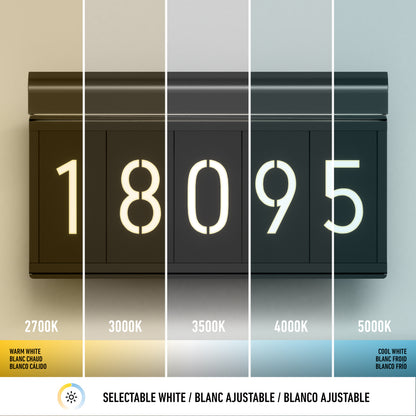 A house number sign displaying 18095 is shown under five different lighting temperatures, ranging from warm white (2700K) to cool white (5000K). Labels and color temperature values appear below each section.