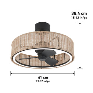 The Artika Kalani 24 in. LED modern ceiling fan features black blades, a round woven rattan-style light shade, measures 61 cm wide by 38.4 cm high, and includes dimensions shown with arrows and labels in centimeters and inches.