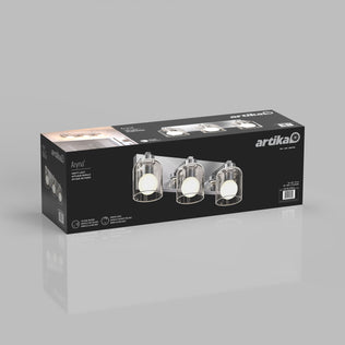 Product box for the Artika Aryna 20 in. (51 cm) 3-Light LED Wall Vanity 3000K, featuring a three-light vanity fixture with glass shades and bulbs.