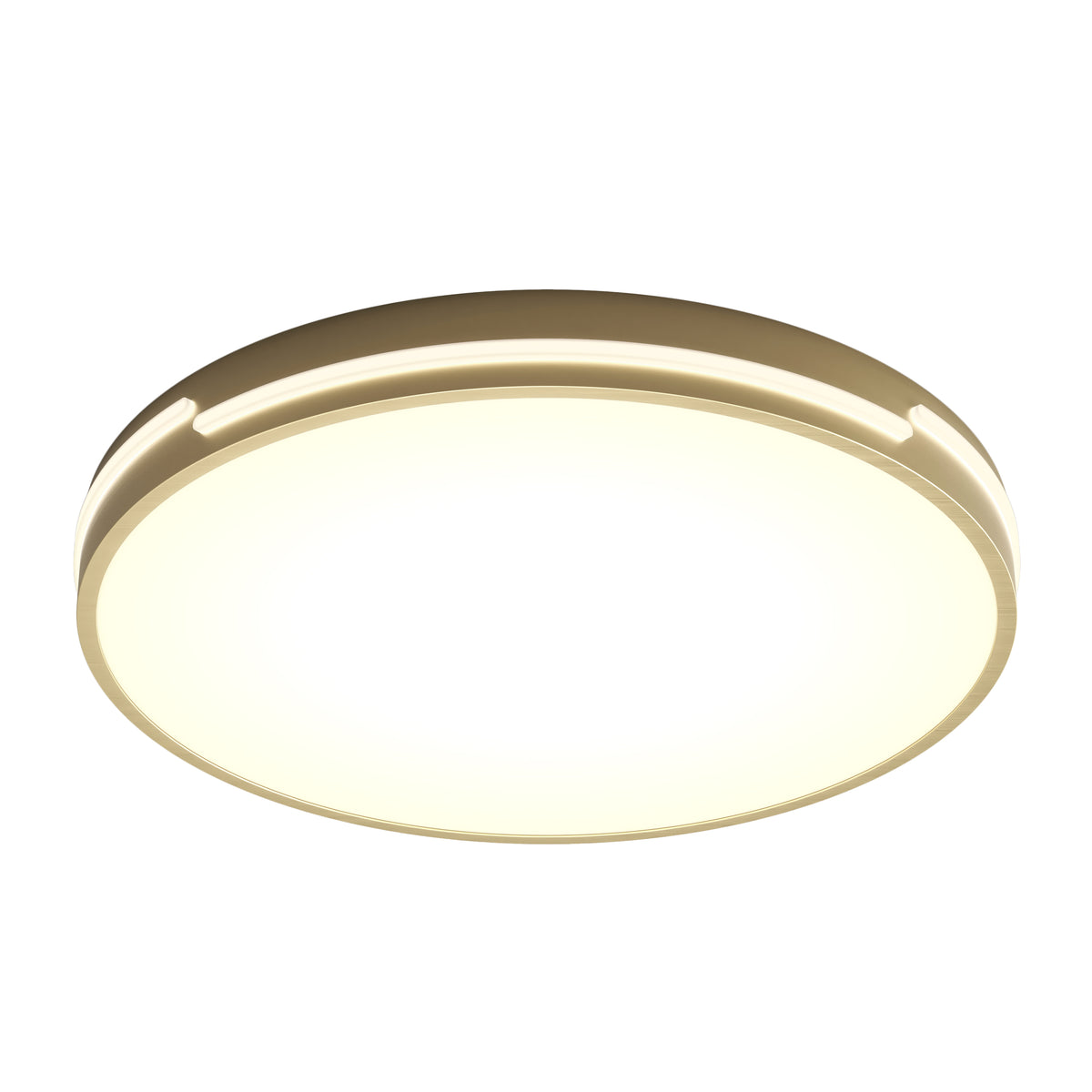 The Artika Delray 15.7 in. LED modern flush mount light features a gold rim and glowing white center, shown from below against a white background.