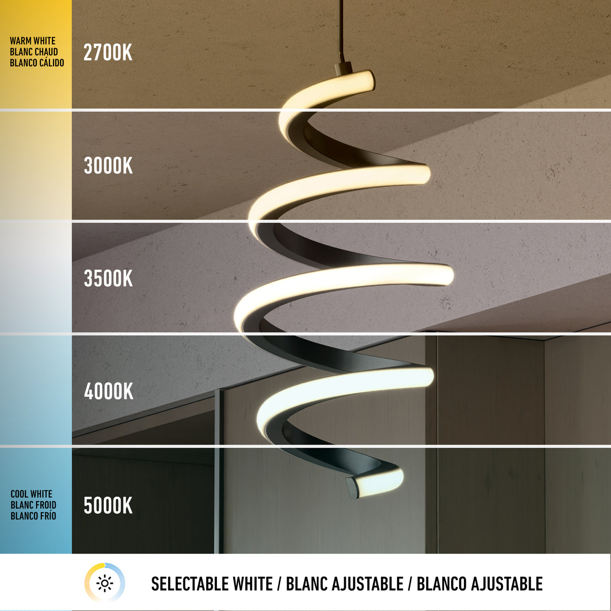 A spiral pendant light displays five color temperature settings, from warm white at 2700K to cool white at 5000K, with each section of the light and background changing accordingly.