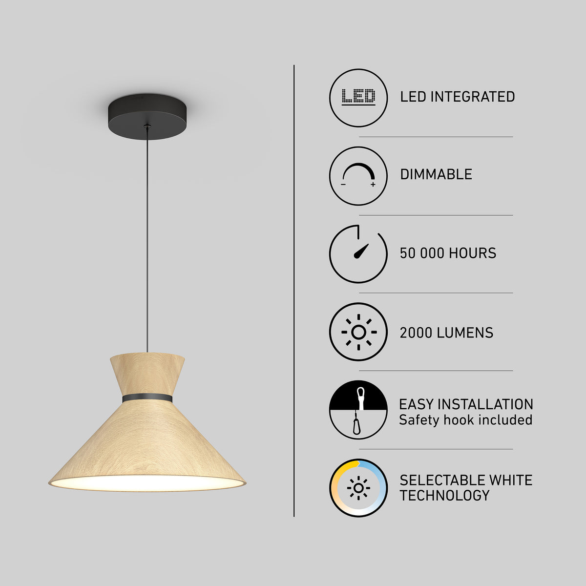 A modern pendant light with a wood finish and black cord is shown. Beside it are icons and text highlighting features: LED integrated, dimmable, 50,000 hours, 2000 lumens, easy installation, and selectable white technology.