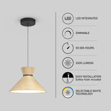 A modern pendant light with a wood finish and black cord is shown. Beside it are icons and text highlighting features: LED integrated, dimmable, 50,000 hours, 2000 lumens, easy installation, and selectable white technology.