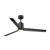 A modern black ceiling fan with three blades and a built-in light, mounted on a short downrod against a white background.