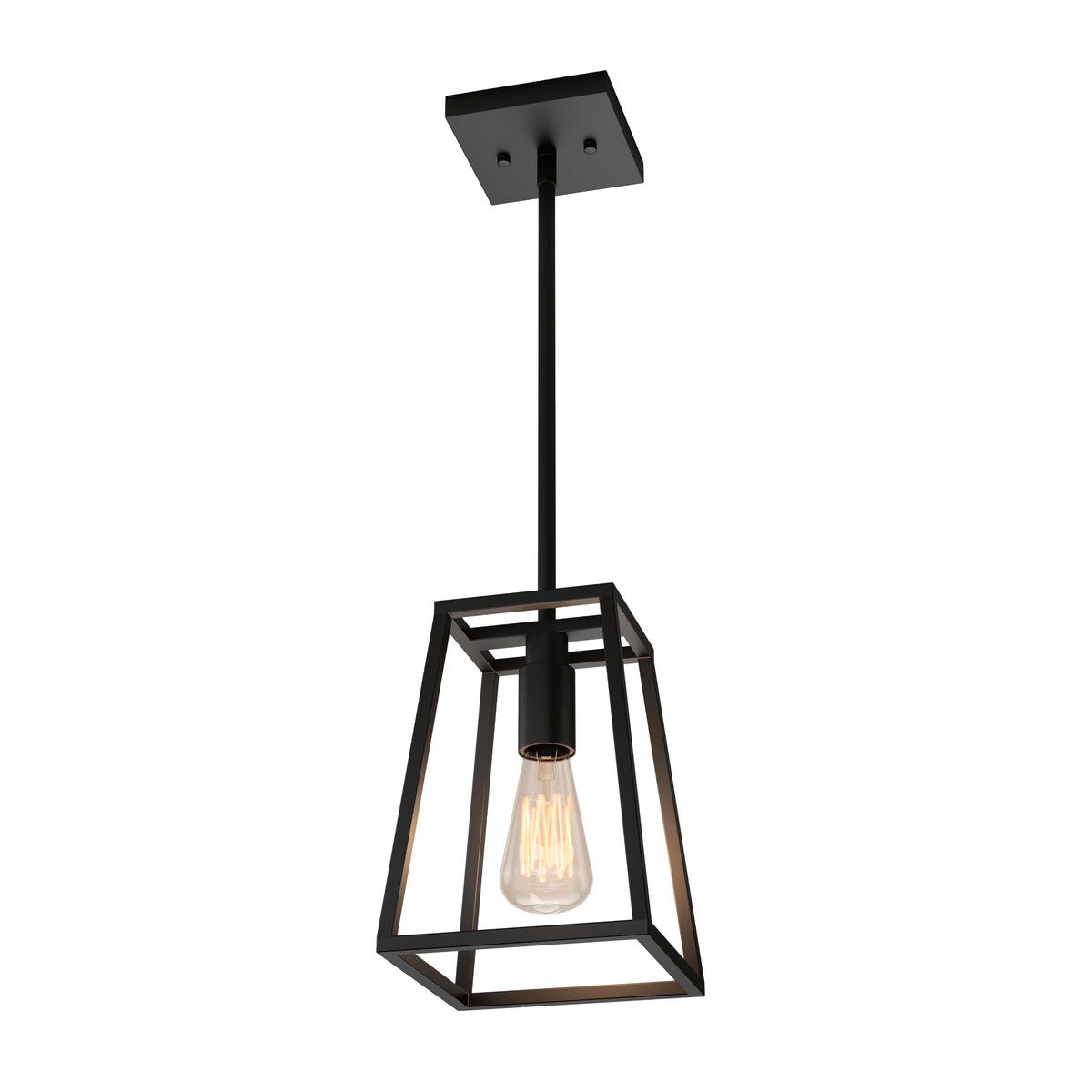 A modern pendant light with a black metal frame and an exposed Edison bulb, suspended from a rectangular ceiling mount by a straight rod.