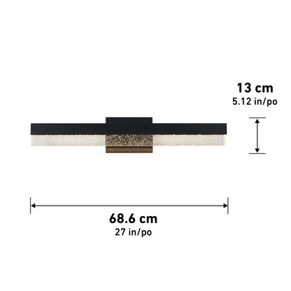 The Artika Bubble Bar LED bathroom vanity light features a modern horizontal design with a black and glittery gold base, measuring 68.6 cm (27 in) wide and 13 cm (5.12 in) tall; measurement arrows indicate its dimensions.