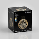 A black box featuring the Artika Tomi LED pendant light with an image of the light fixture, product details, and icons showing 50,000 hours, 800 lumens, and a 3-year warranty on a gray background.