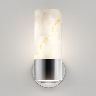 The Artika Marble LED contemporary sconce 5 CCT features a cylindrical white alabaster shade with subtle gold veining, mounted on a round polished chrome base, adding modern style to any light grey wall.