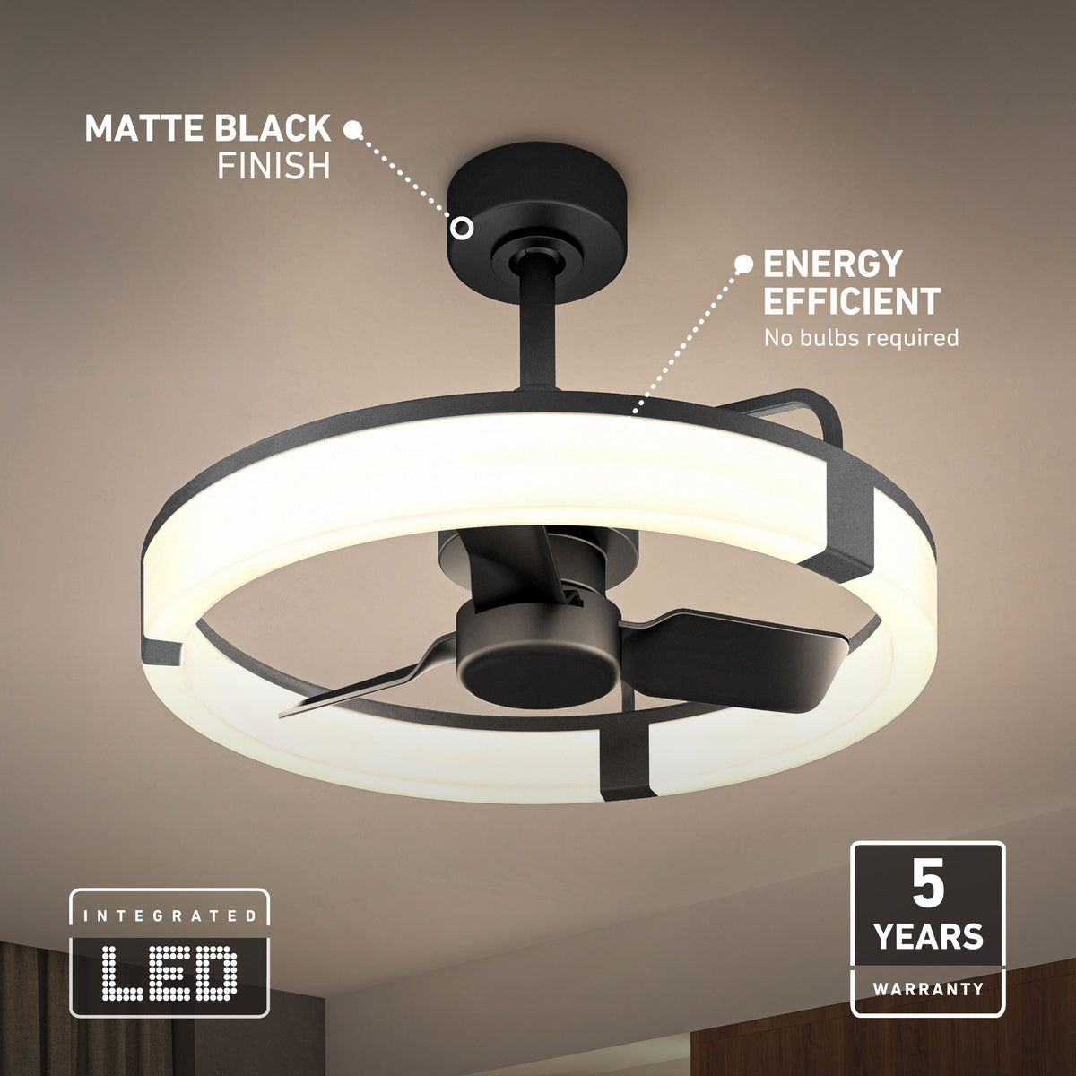 Artika Sunnyvale 23 in. LED fandelier: matte black, remote, energy-saving light, 5-year warranty—bulb-free modern style.