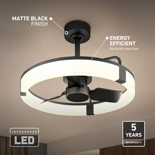 Artika Sunnyvale 23 in. LED fandelier: matte black, remote, energy-saving light, 5-year warranty—bulb-free modern style.
