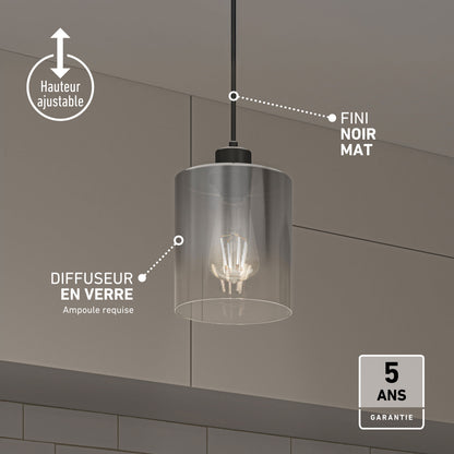 Artika Haze glass pendant light with matte black finish, adjustable height—ideal for kitchen islands. 5-year warranty included.